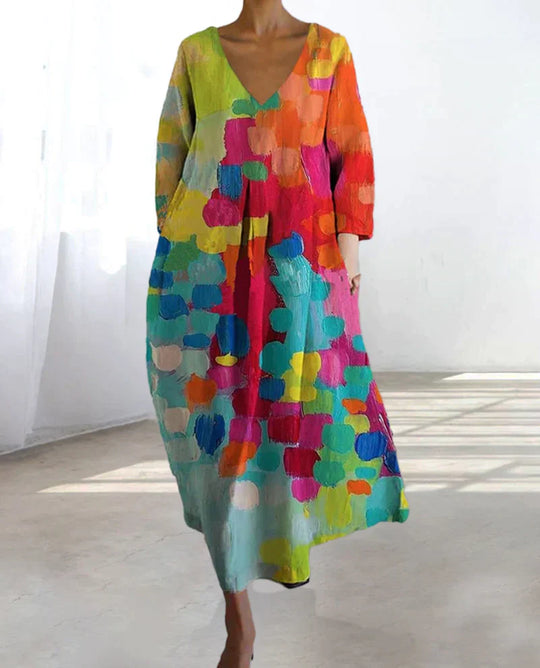 EB | Bunt Bedrucktes Kleid Mit V-Ausschnitt