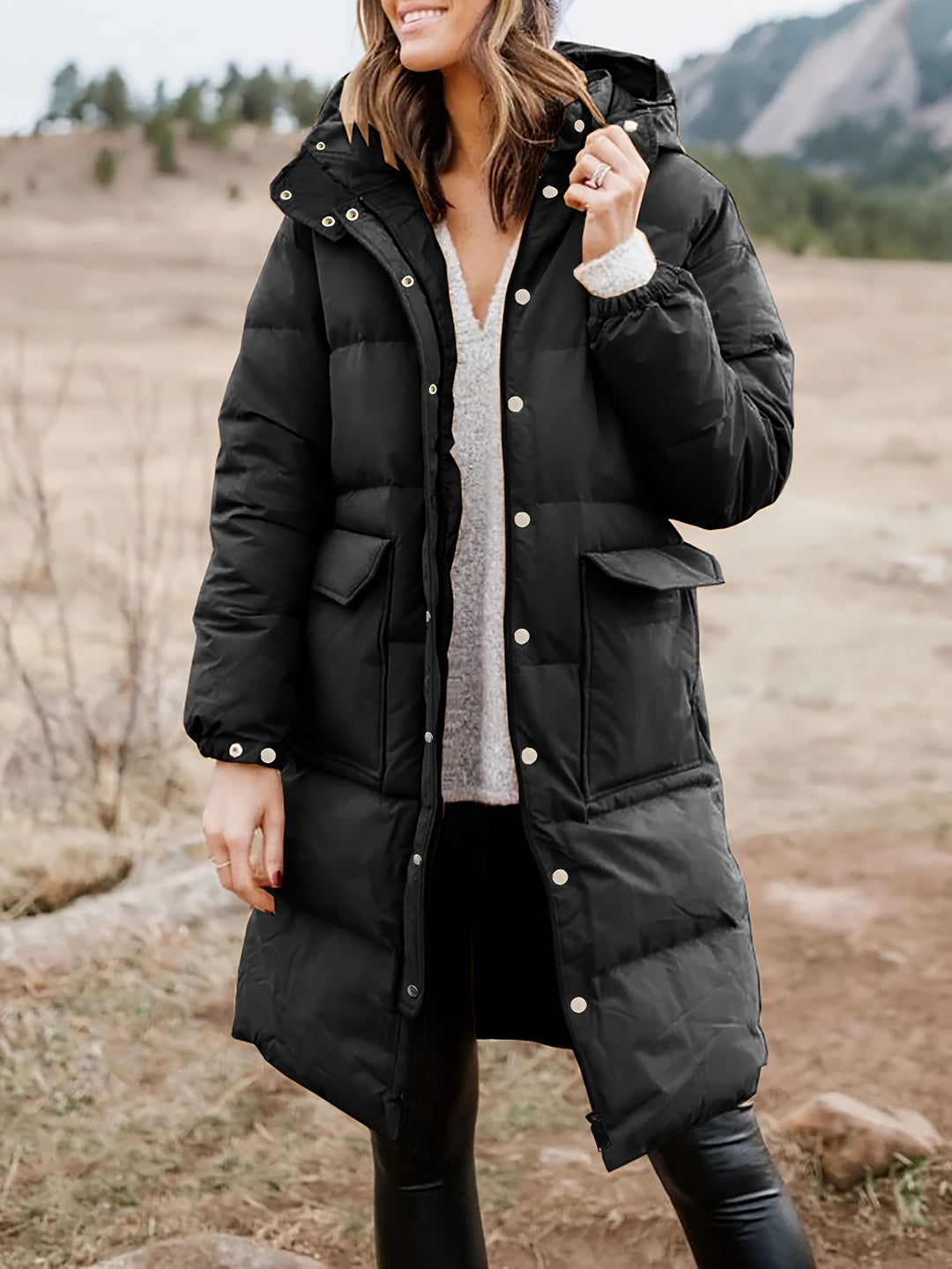 EB | Stylischer Puffer Schwarzer Wintermantel mit Kapuze und Polsterung Ideal für Herbst/Winter
