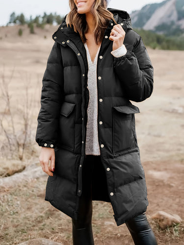 EB | Stylischer Puffer Schwarzer Wintermantel mit Kapuze und Polsterung Ideal für Herbst/Winter