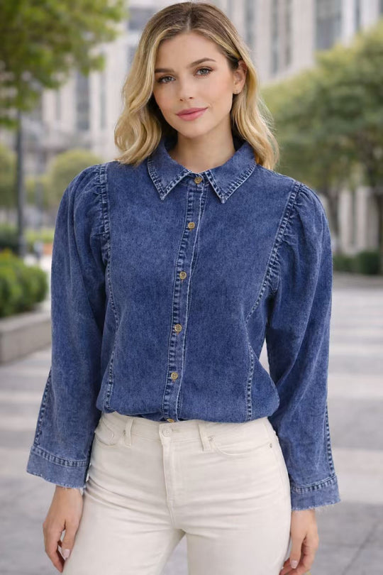 EB | Denim-bluse mit Puffärmeln Baumwolle Klassischer und Eleganter Stil