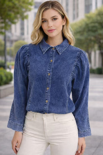 EB | Denim-bluse mit Puffärmeln Baumwolle Klassischer und Eleganter Stil