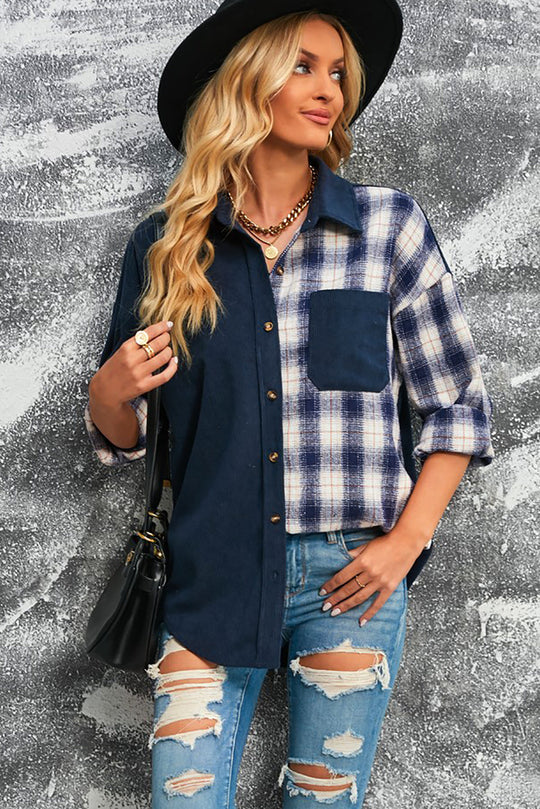 EB | Karierte Farbblock Gefallen Schulter Corduroy Shacket