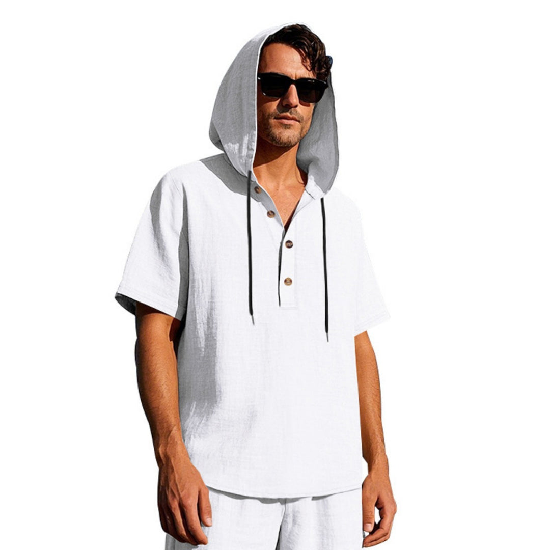 EB | Leinen-Knopf-Strand-Kapuzen-Henley-Shirt