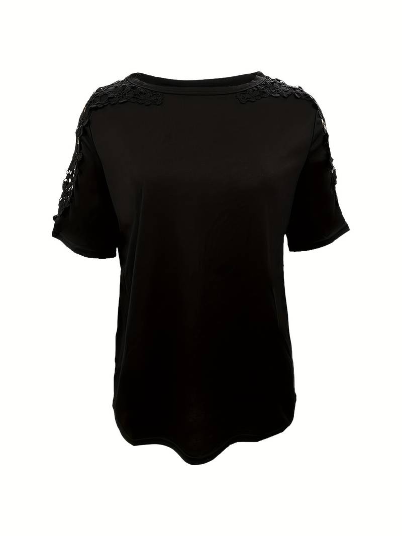 EB | Unifarbiges T-Shirt mit Rundhalsausschnitt und Spitzennaht