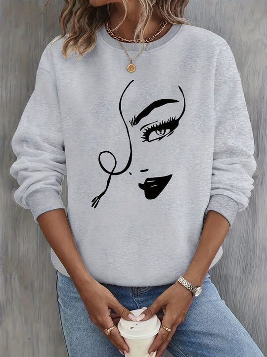 EB | Sweatshirt mit Künstlerischem Gesicht Baumwolle Trendy und Bequem