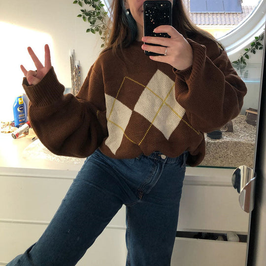 EB | Oversized Argyle Sweater Weich und Warm Lässig Chic