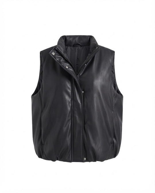 Damen nan oversized wattierte Kunstlederweste mit hohem Schalkragen und Zweiwege Reißverschluss EB