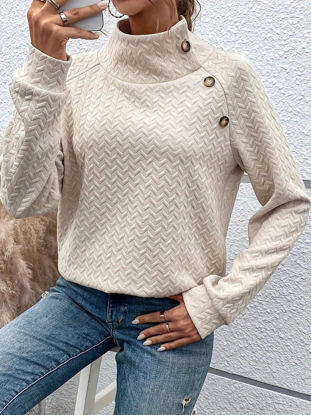 EB | Leichtgewicht Pullover mit Hohem Kragen und Knöpfen Polyester Elegant und Komfortabel