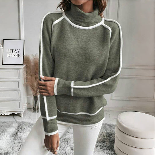 EB | Strickpullover mit Hohem Kragen Kontrastkanten Warm und Modern