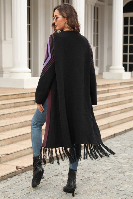 EB | Geometric Fringe Hem Offene Front Duster Cardigan