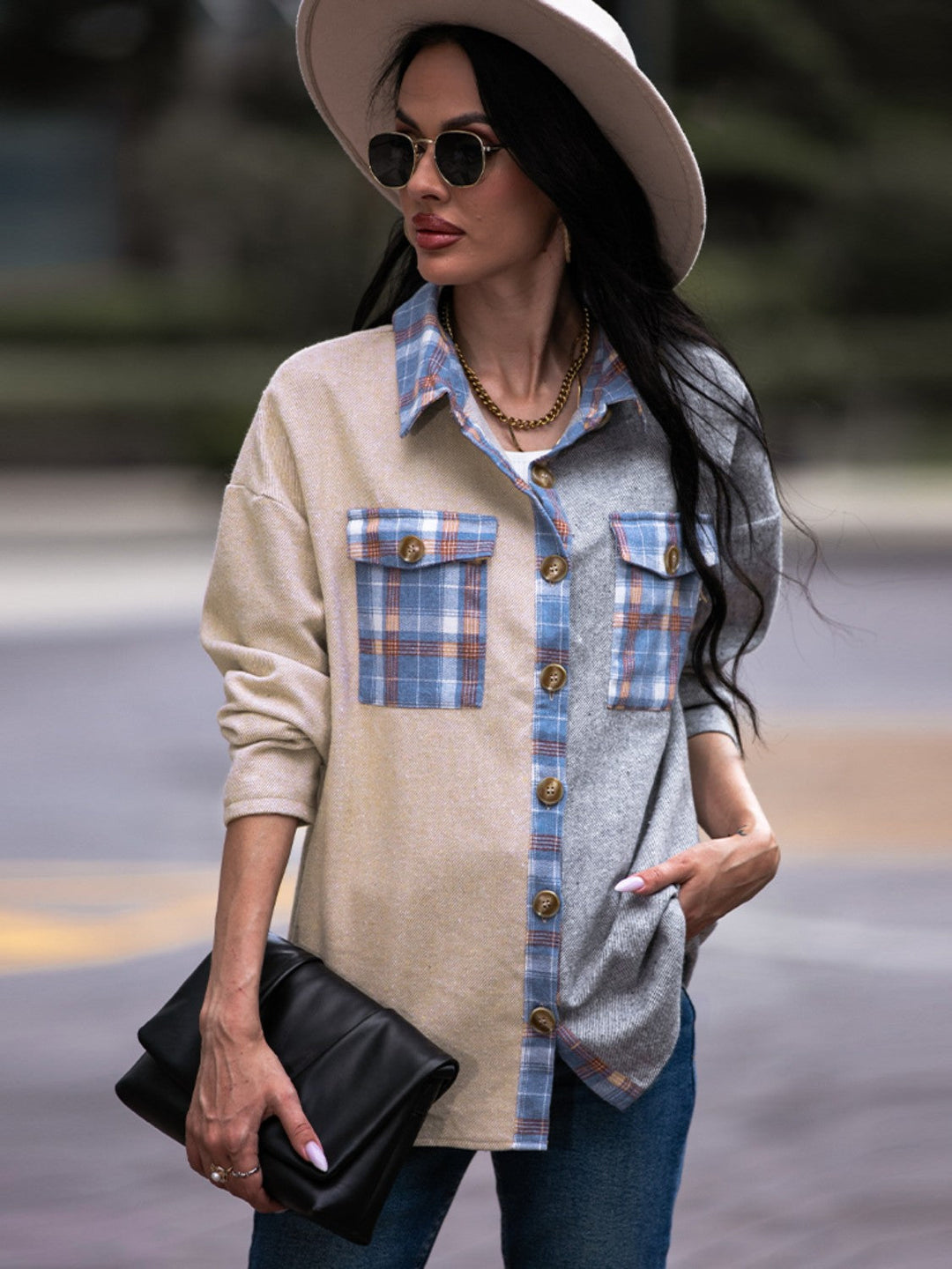 EB | Karo Kontrast Drop Shoulder Shacket