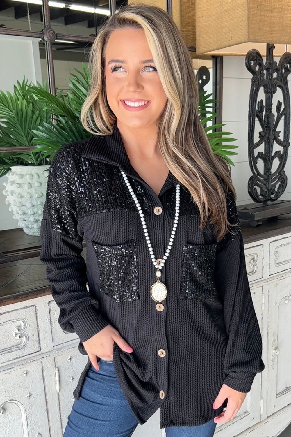 EB | Gerippte Blusenjacke mit Pailletten-details Polyester-mischung Festlich und Trendy