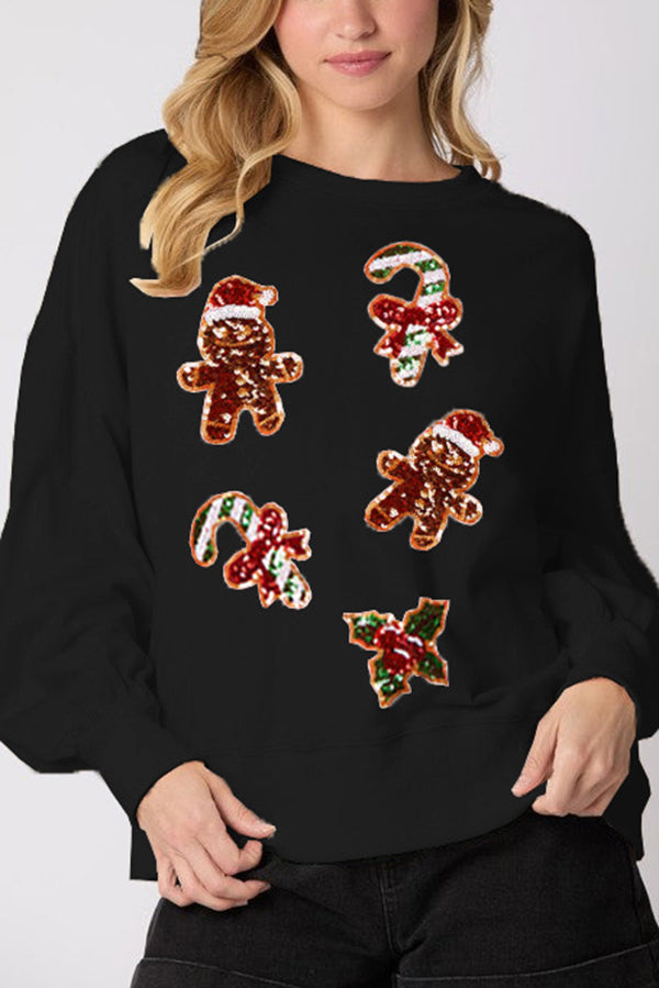 EB | Weihnachts Lebkuchenmann Paillette Lässig Langarm Sweatshirt