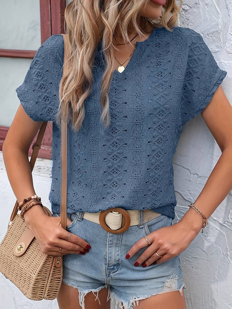 EB – T-Shirt Mit Eingekerbtem Ausschnitt Und Lochstickerei