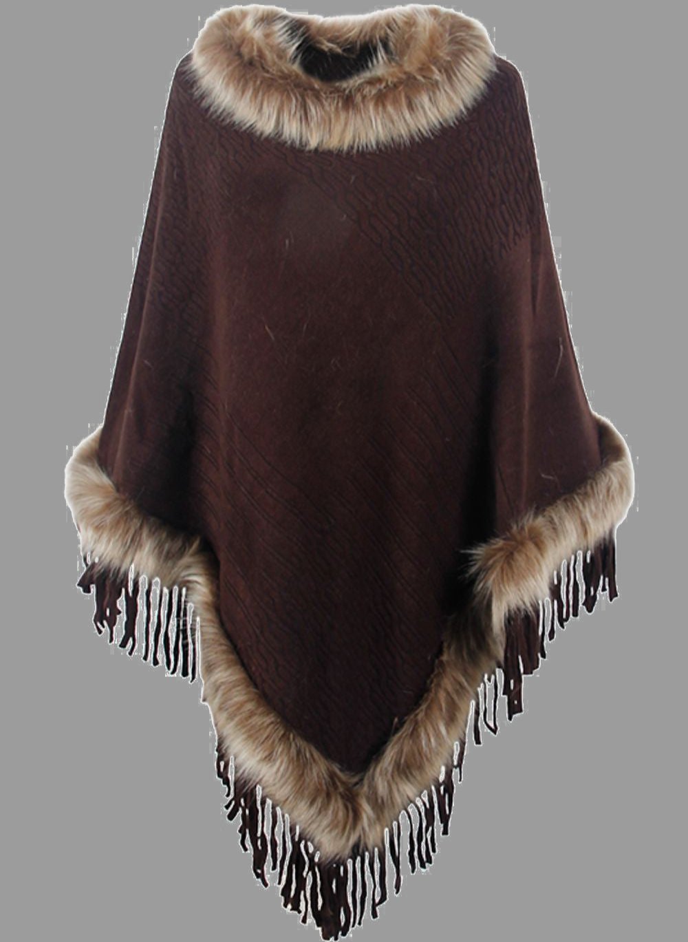 EB | Elegante Damen Poncho mit Pelzkragen und Fransen