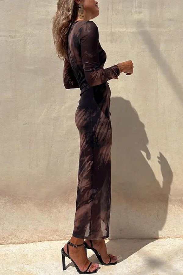 EB | Charm Lady Mesh Overlay Tie Dye Print Langarm Rüsch Stretch Midi Kleid