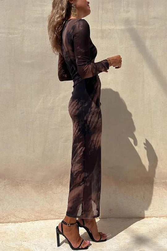 EB | Charm Lady Mesh Overlay Tie Dye Print Langarm Rüsch Stretch Midi Kleid