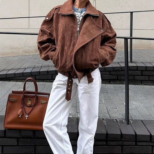 EB | Oversized Bomberjacke Im Wildleder-Look mit Asymmetrischem Reißverschluss