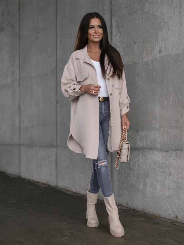 EB | Bequemes Langarmhemdjacke mit Knöpfen, Wollkragen und Revers