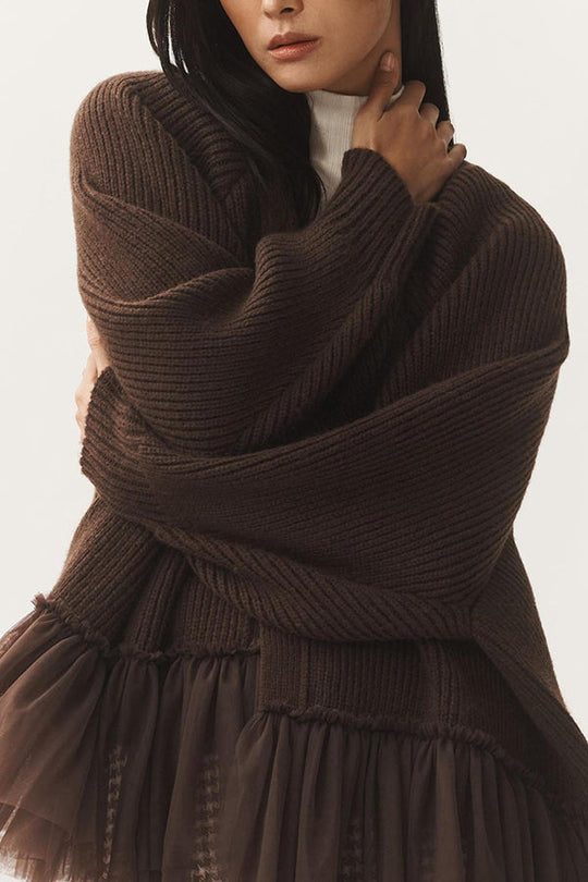 EB | Strickjacke mit Netz-Rüsche und Langen Ärmeln