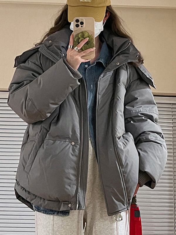 EB | Graue Einfarbige Herz Dekorierte Kapuzen-Pufferjacke