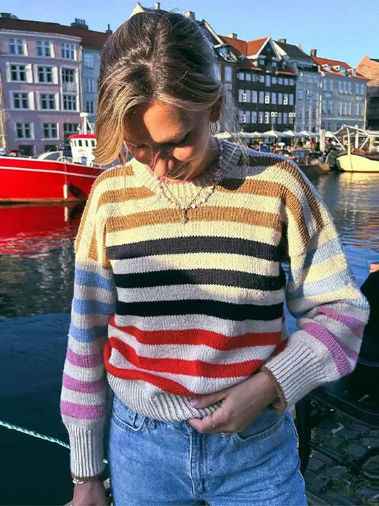EB | Bunter Gestreifter Vintage Strickpullover mit Rundhalsausschnitt