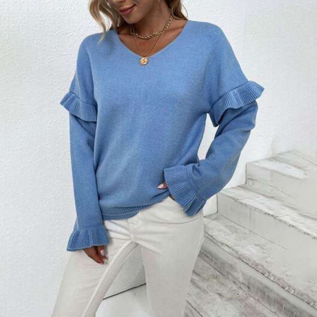 EB | V-ausschnitt Pullover mit Rüschendetails Baumwolle Weiches und Elegantes Design