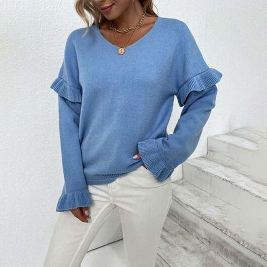 EB | V-ausschnitt Pullover mit Rüschendetails Baumwolle Weiches und Elegantes Design