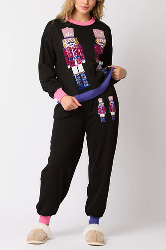 EB | Weihnachtsmann Pailletten Freizeit Sweatshirt und elastische Taillen lockere Taschenhose Set