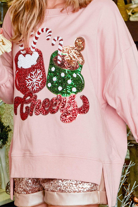 EB | Weihnachts Süßigkeiten Tasse Pailletten Lässiger Lockere Sweatshirt