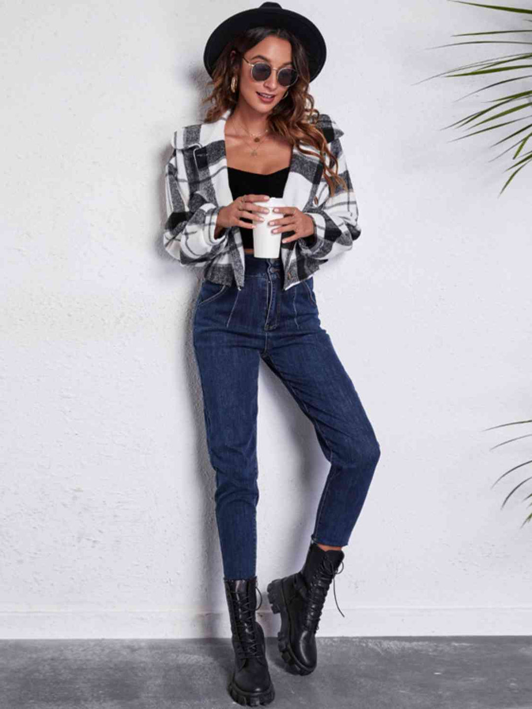EB | Karierter Knopf-Front-Jacke mit Taschen