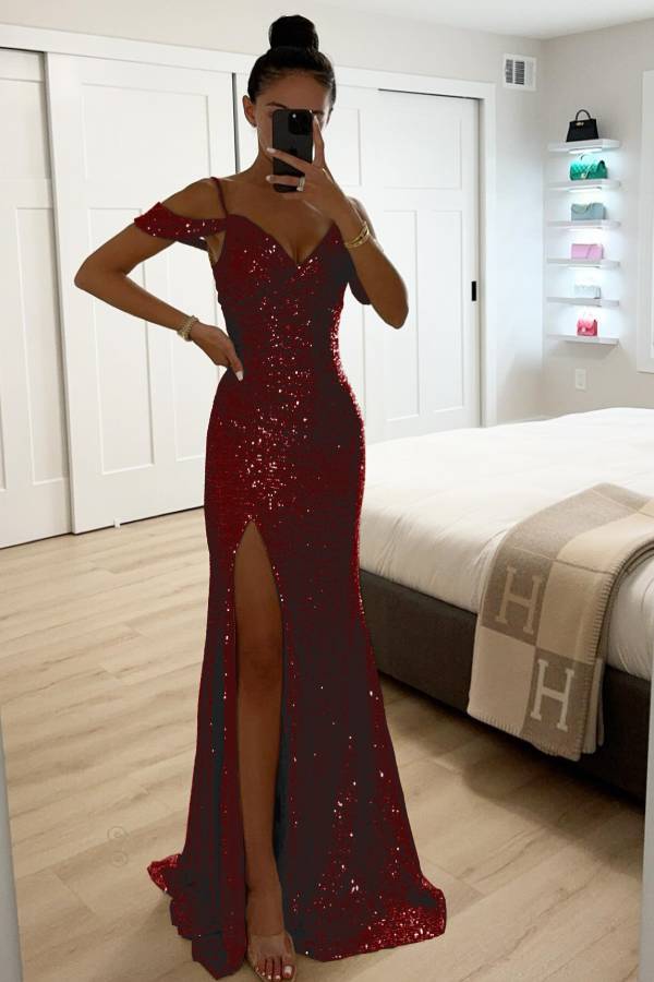 EB | Paillettenspitze Meerjungfrau Abschlussballkleider mit Schlitz Off-Shoulder Abendkleid