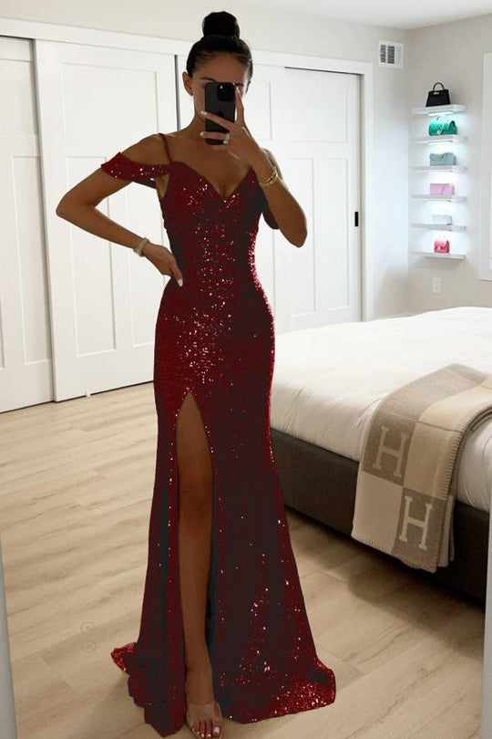 EB | Paillettenspitze Meerjungfrau Abschlussballkleider mit Schlitz Off-Shoulder Abendkleid