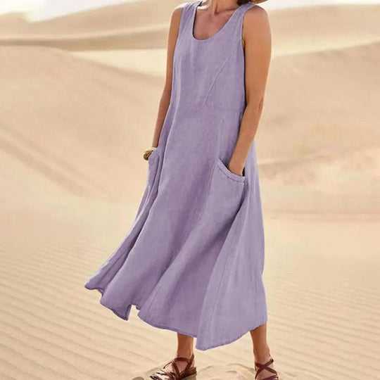 EB - Leinen-Baumwoll-Ärmelloses Kleid für Frauen