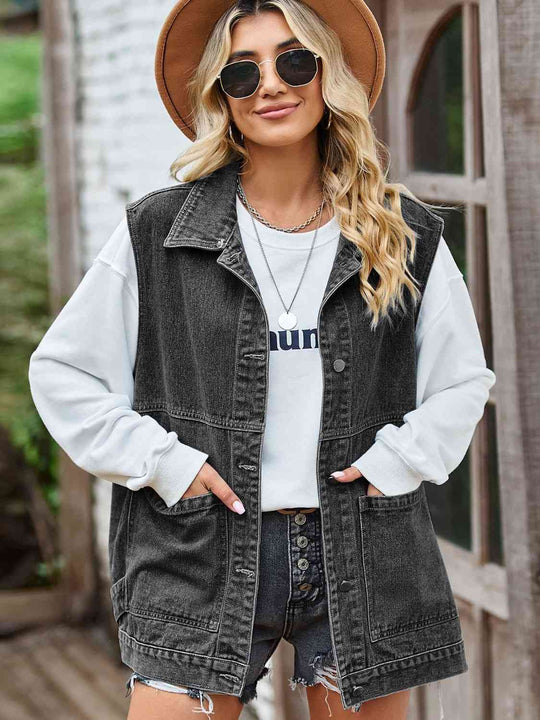 EB | Knopf-Front Ärmellose Jeansjacke