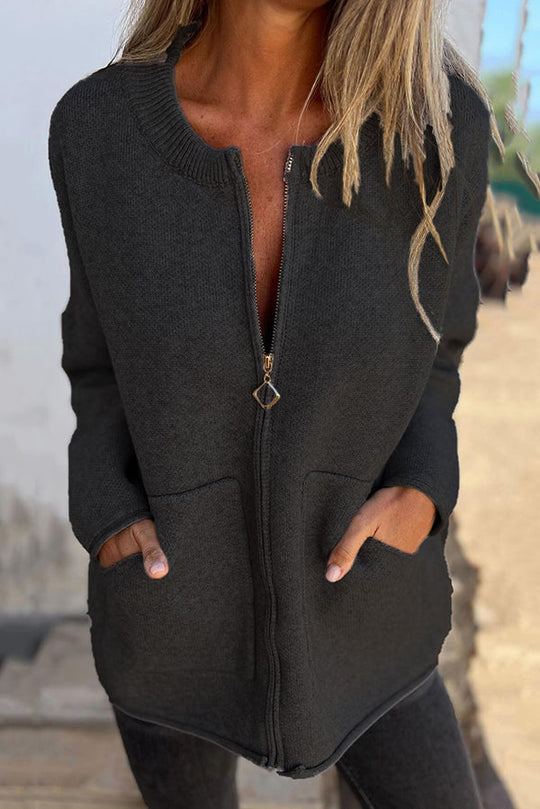 EB | Farbe Rundhalsausschnitt Langarm Freizeit Reißverschluss Tasche Strickjacke