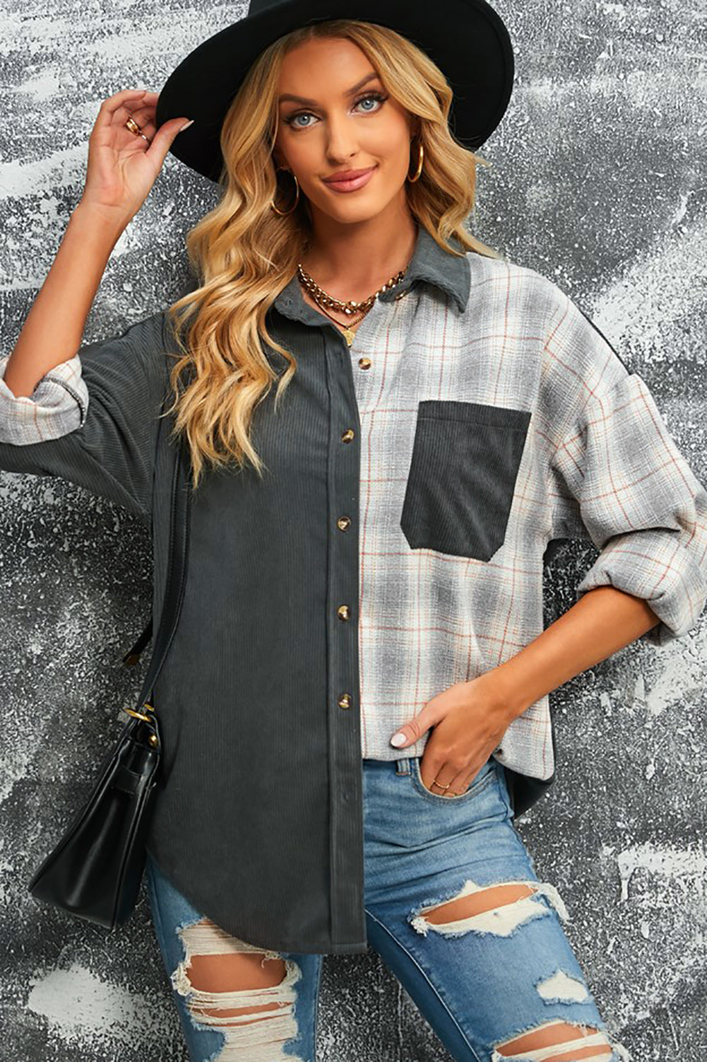 EB | Karierte Farbblock Gefallen Schulter Corduroy Shacket