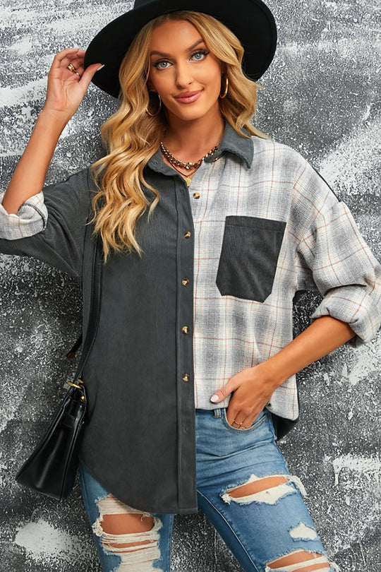EB | Karierte Farbblock Gefallen Schulter Corduroy Shacket
