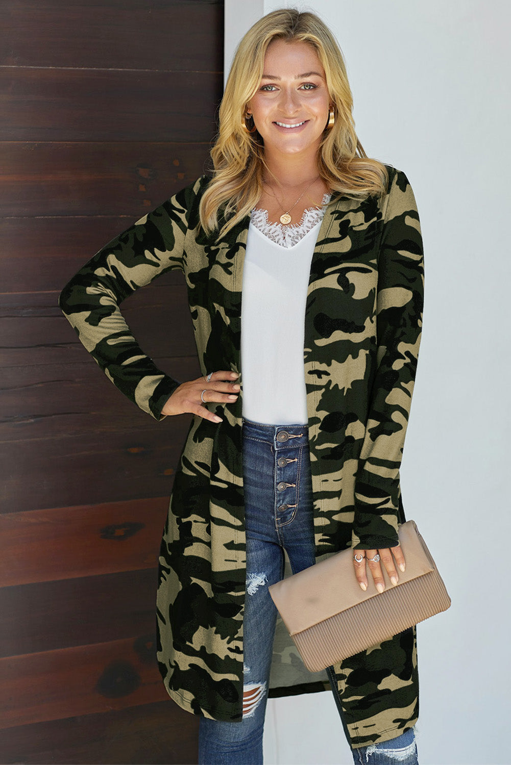 EB | Bedruckter Offene Front Langarm Cardigan