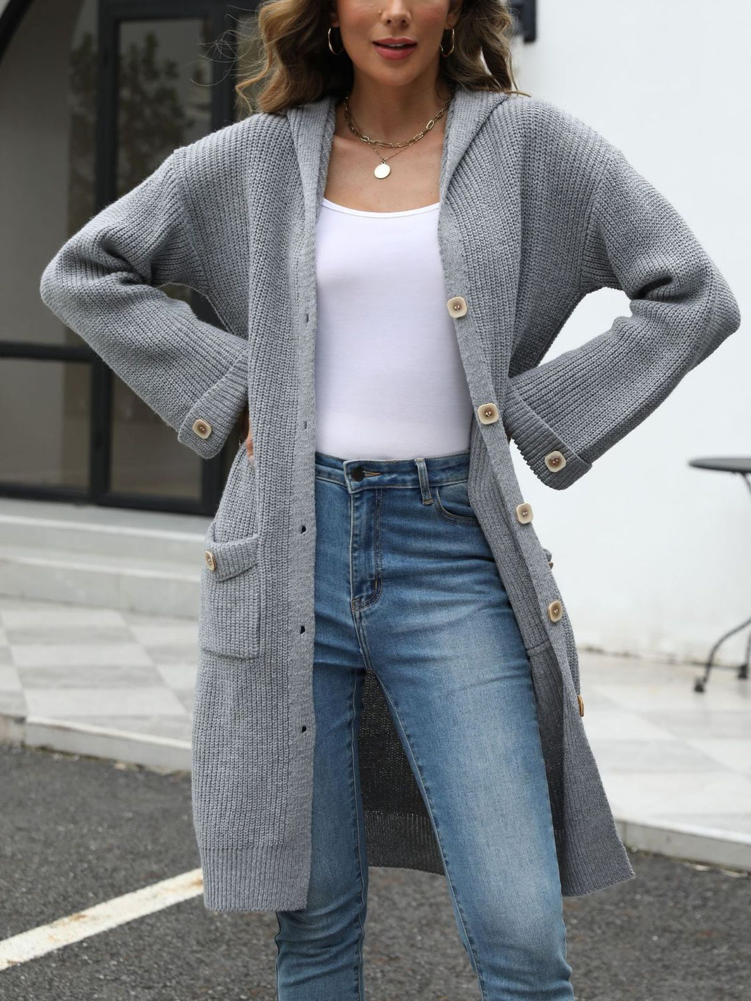 EB | Lange Strickjacke Knopfverschluss Zeitlos und Bequem