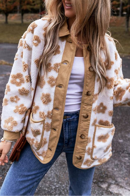 EB | Französisches Beige Süßes Blumenmuster Knopfleiste Fleecejacke