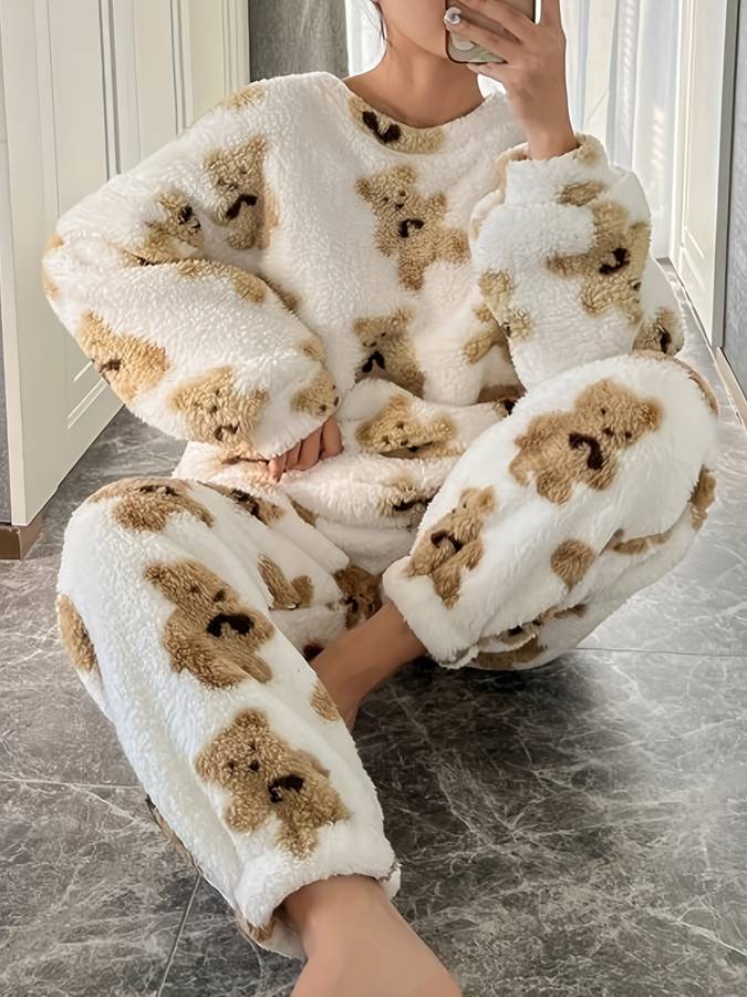 EB - Bequemes weißes Bärenmotiv Loungewear-Set für Damen