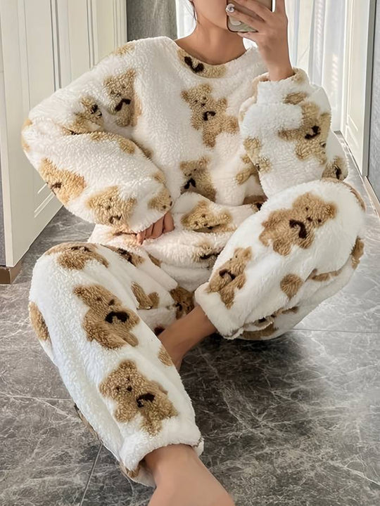 EB - Bequemes weißes Bärenmotiv Loungewear-Set für Damen