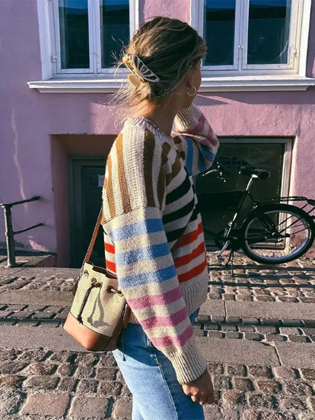 EB | Bunter Gestreifter Vintage Strickpullover mit Rundhalsausschnitt