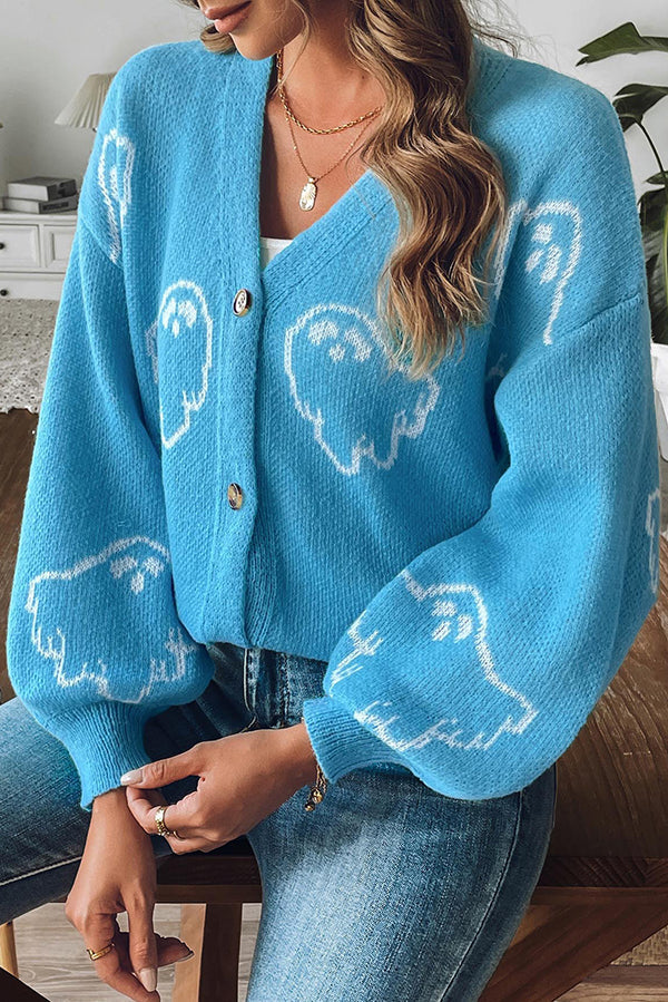 EB | Gemütlicher Halloween Geist Strickpullover mit Knopfleiste