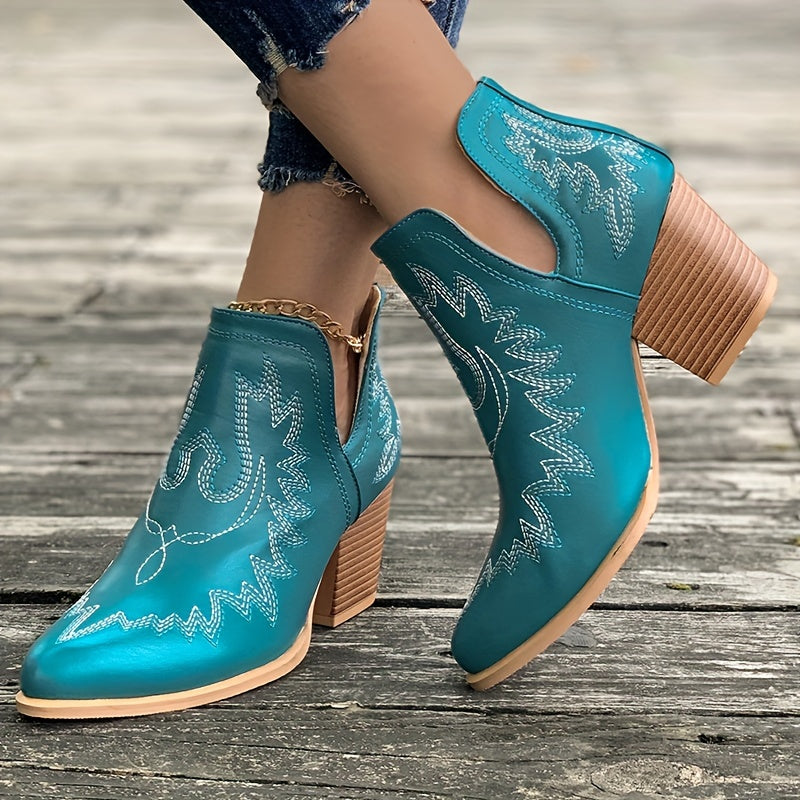 EB | Damen Westernstiefel mit Blockabsatz und Retro-Stickerei