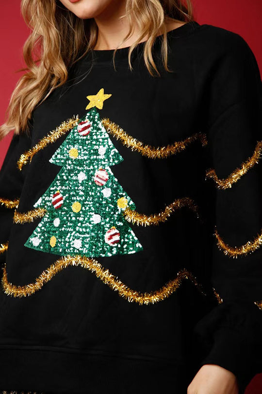 EB | Weihnachtsbaum Pailletten Langarm Lockeres Sweatshirt