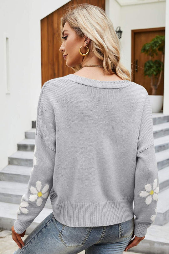 EB | Floral Ribbed Trim Drop Shoulder Cardigan