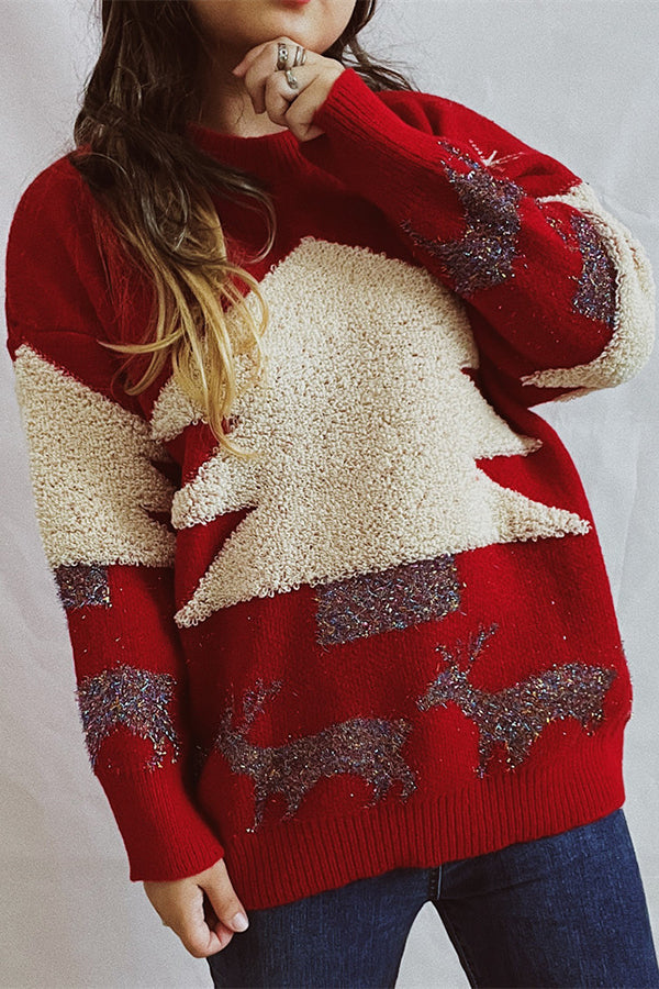 EB | Weihnachtsmuster Gestrickter Rundhalsausschnitt Langarmpullover
