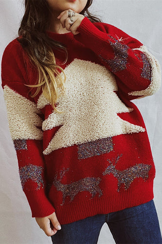 EB | Weihnachtsmuster Gestrickter Rundhalsausschnitt Langarmpullover